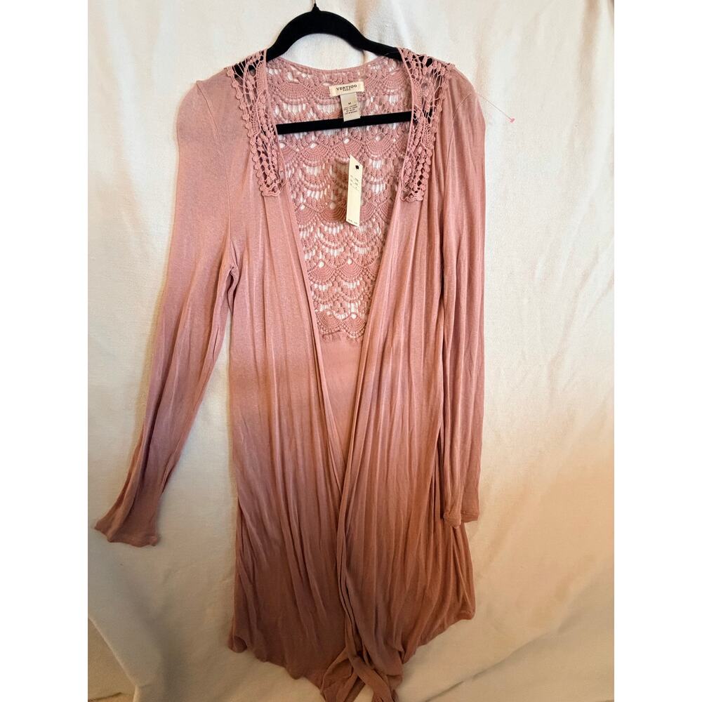 Vertigo Paris Blush Pink Lace Crochet Open Front Cardigan Duster Size M NWT $160